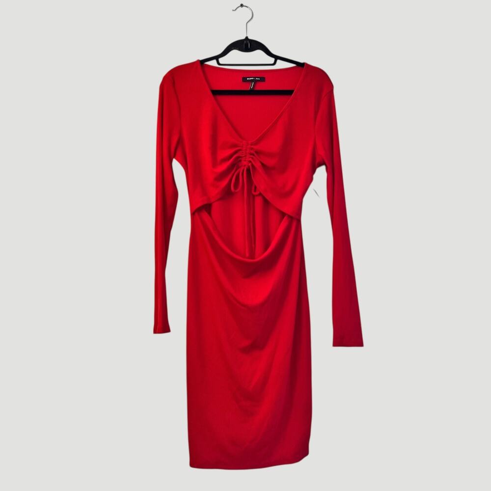 BCBG Womens Dress Large Red Ribbed Knit Bodycon Cutout Stretchy Long Sleeve